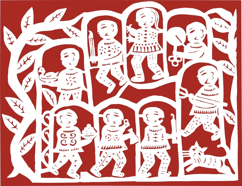 中国风中式传统喜庆民俗人物动物窗花剪纸插画边框AI矢量PNG素材【2208】